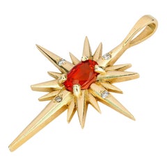 14k Gold Pendant with Orange-Red Sapphire and Diamonds, Shining Star Pendant
