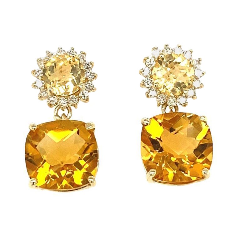 10.10 Carat Citrine Quartz Diamond Yellow Gold Drop Earrings