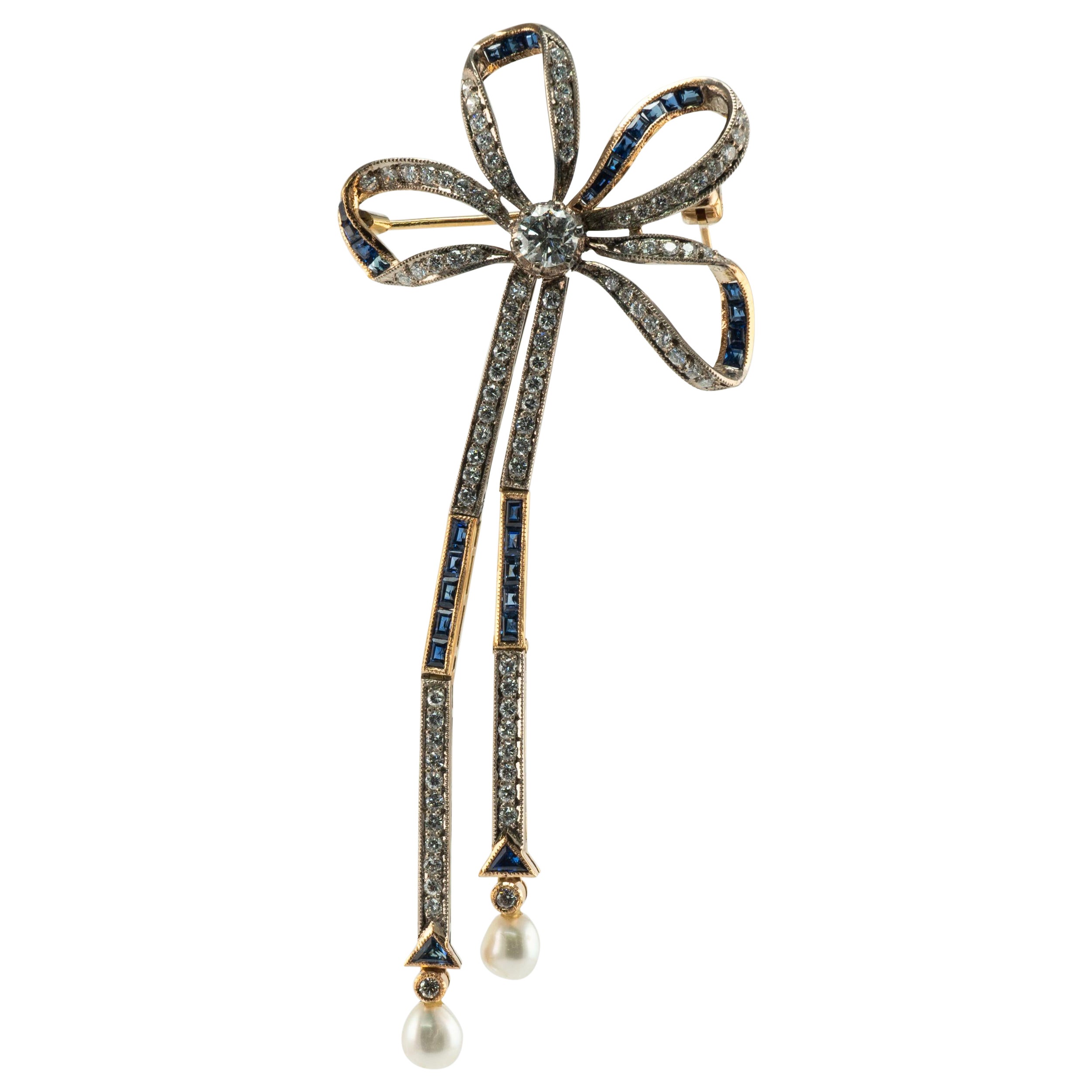 Natural Diamond Sapphire Pearl Brooch Bow Ribbon 18K Gold Vintage For Sale