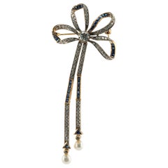 Natural Diamond Sapphire Pearl Brooch Bow Ribbon 18K Gold Retro