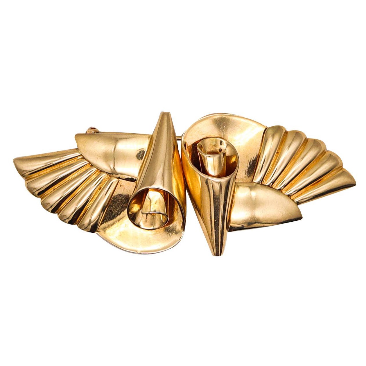 Art Deco Retro 1935 Convertible Double Clips Brooch in 14Kt Yellow Gold For Sale