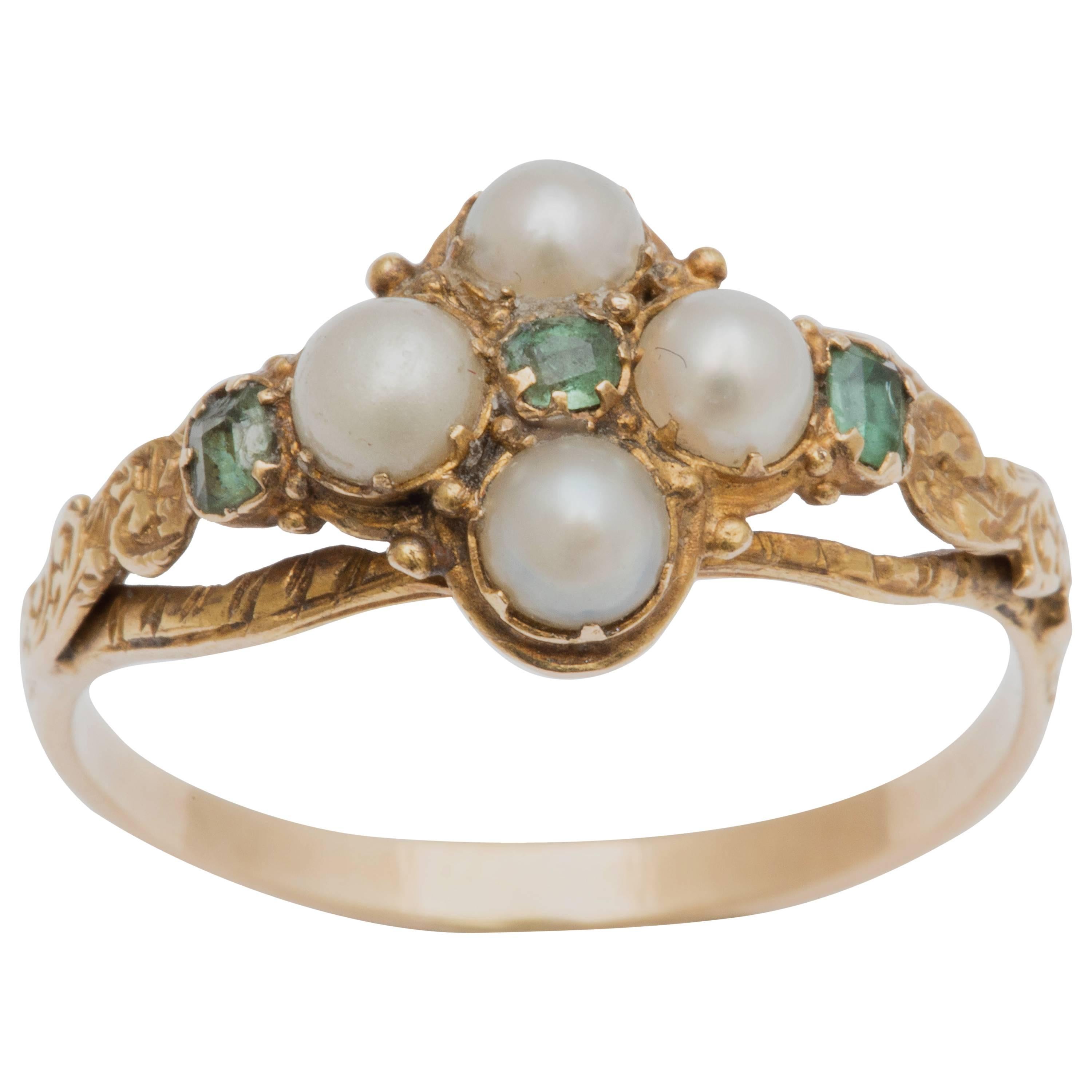 Emerald Pearl Gold Locket Ring For Sale