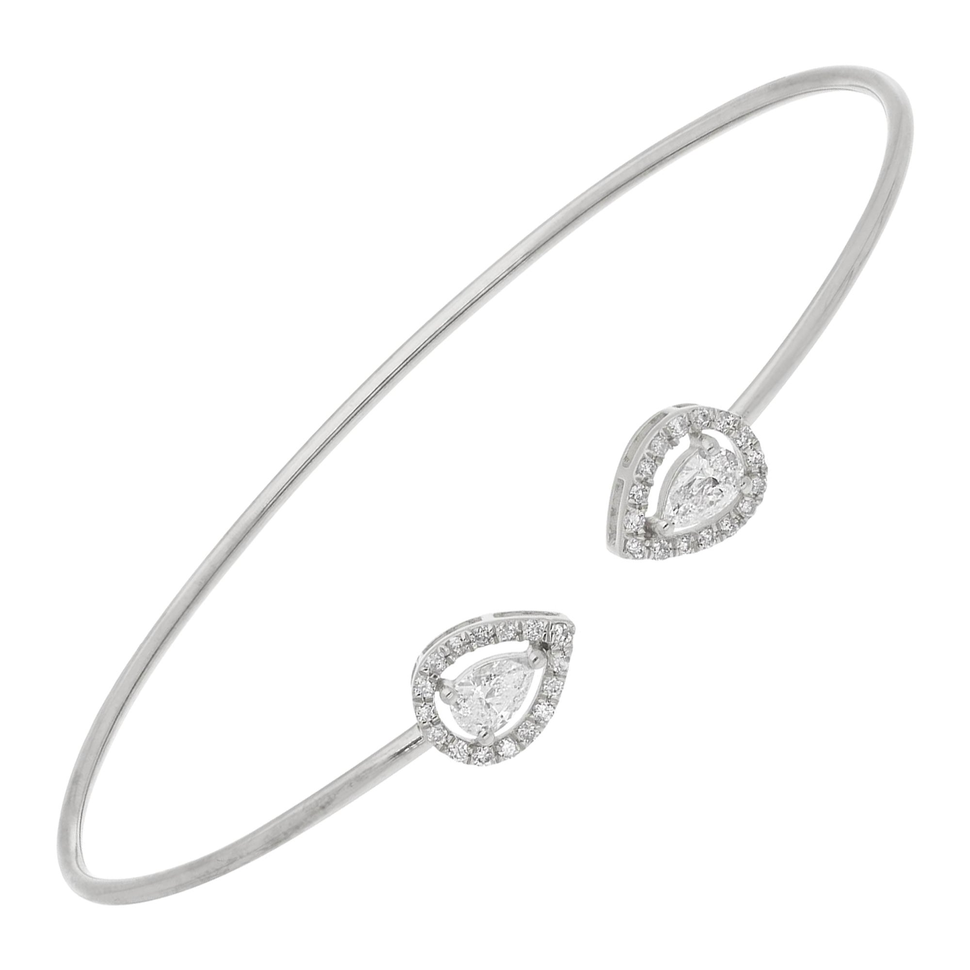 Pear & Round Diamond Cuff Bangle Bracelet 18 Karat White Gold Handmade Jewelry