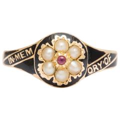 Enameled "In Memory Of" Pearl Ruby Gold Cluster Ring