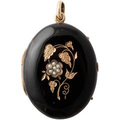 Victorian Black Enamel Seed Pearl Gold Locket
