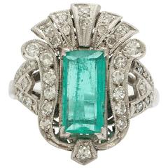 1930s Emerald Diamond Platinum Dinner Style Ring