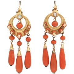 Victorian Coral Pearl Gold Stars Motif Drop Pierced Earrings