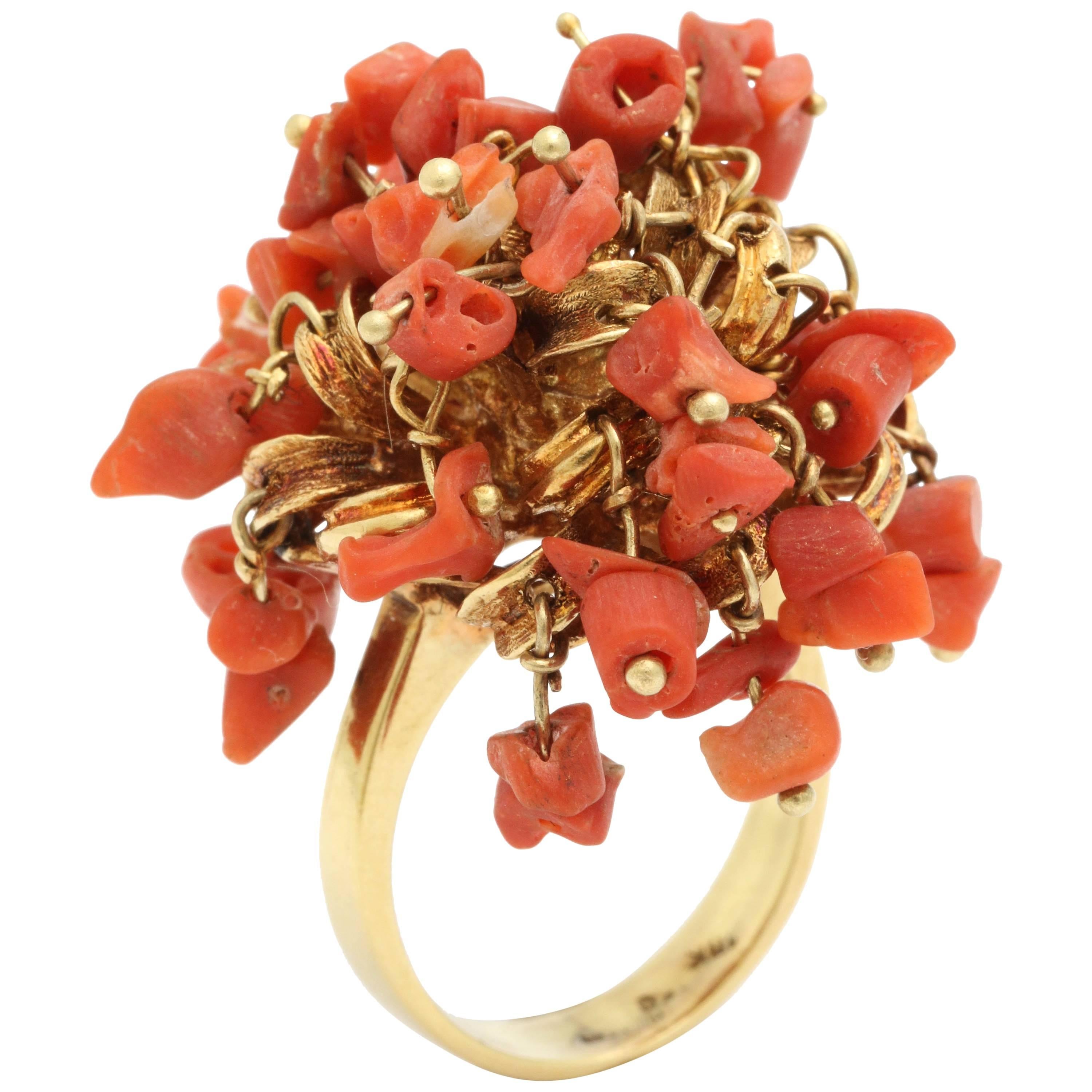 1960s Moveable Coral Gold Sea Urchin Ring For Sale