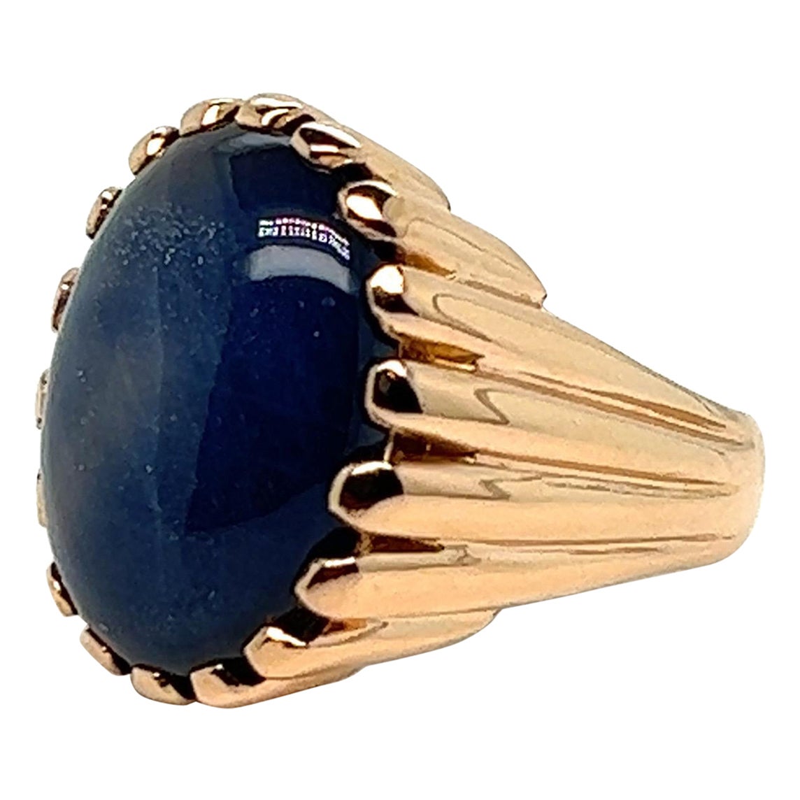 Modern French Chevalière Ring with a Blue Corundum Cabochon