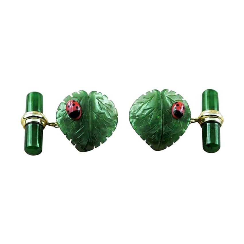 18 Karat Yellow Gold Jade Leaf Ladybug Coral Cufflinks