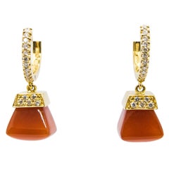  Red Carnelian and Diamonds, Yellow Gold Dangle Earrings