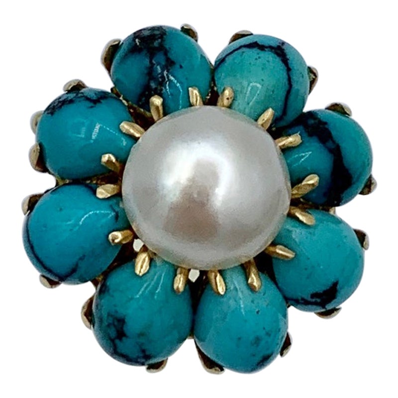 Persian Turquoise Pearl Ring 14 Karat Gold Retro Antique Cocktail Ring For Sale