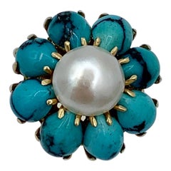 Persian Turquoise Pearl Ring 14 Karat Gold Retro Antique Cocktail Ring