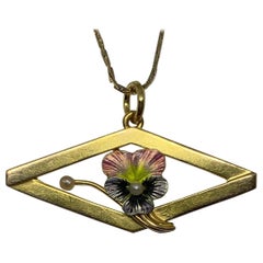 Art Deco Pansy Flower Enamel Pendant Necklace Pearl Gold Antique