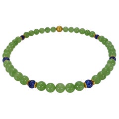 Nephrite Jade Round Beaded Necklace with 18 Carat Yellow Gold and Tanzanite