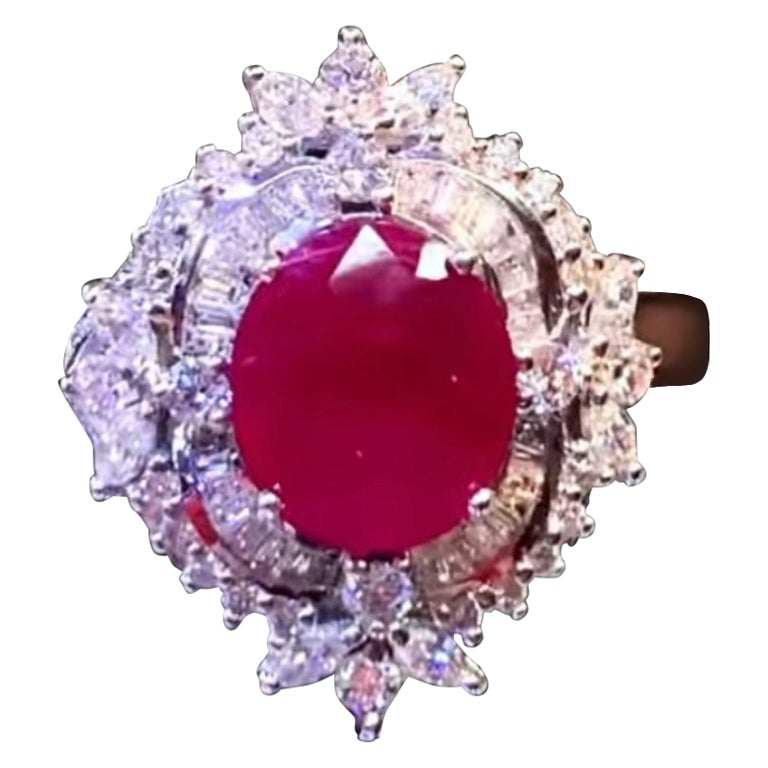 AIG Certified 3.40 Carat Burma Ruby  1.50 Ct Diamonds 18k Gold Ring For Sale