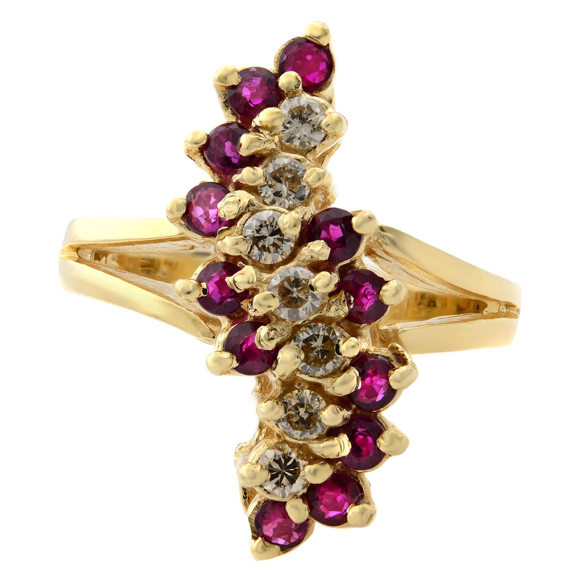 Rachel Koen Bague cocktail vintage en or jaune 14 carats avec diamants et rubis en vente