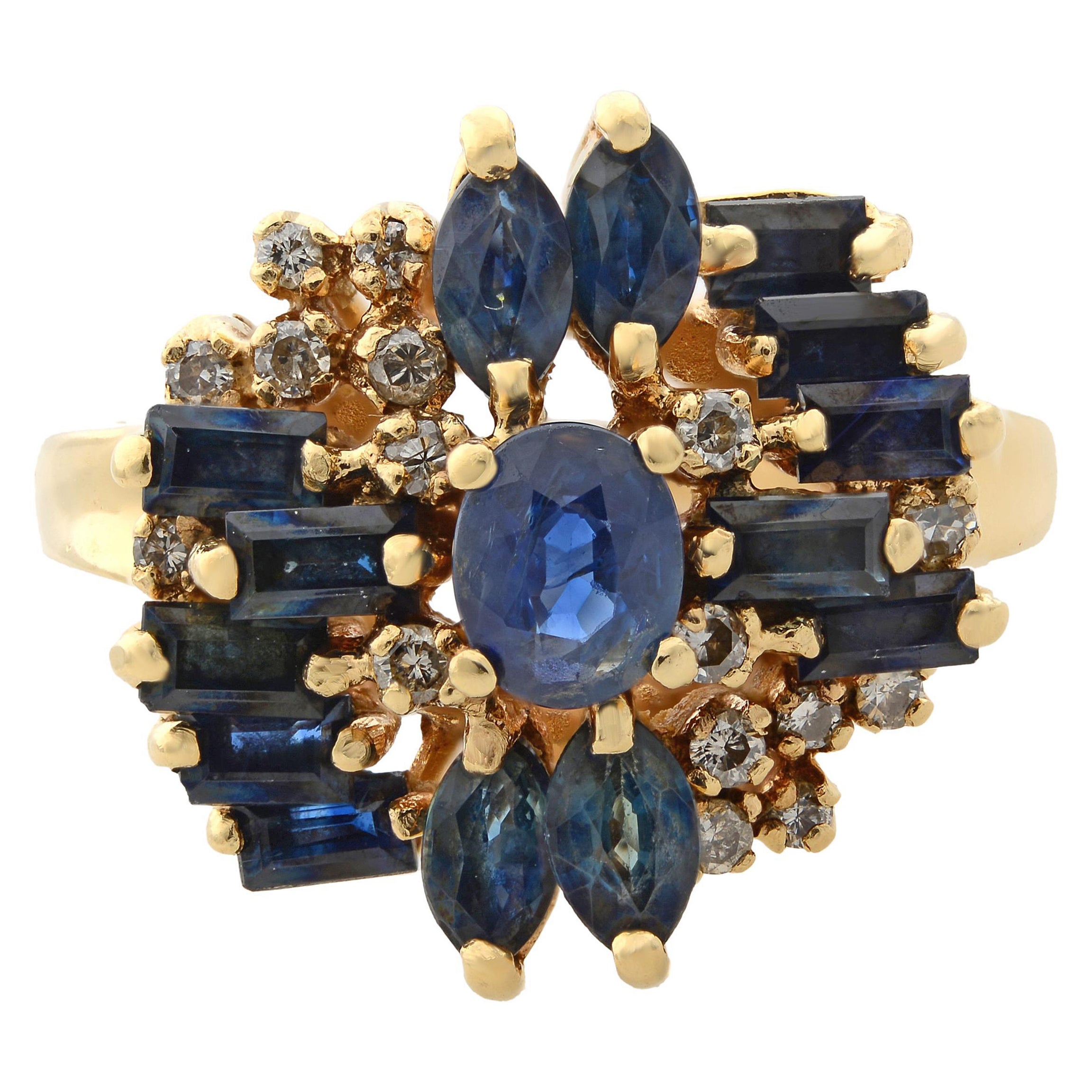 Rachel Koen Blue Sapphire & Diamond Cocktail Ring 14k Yellow Gold For Sale