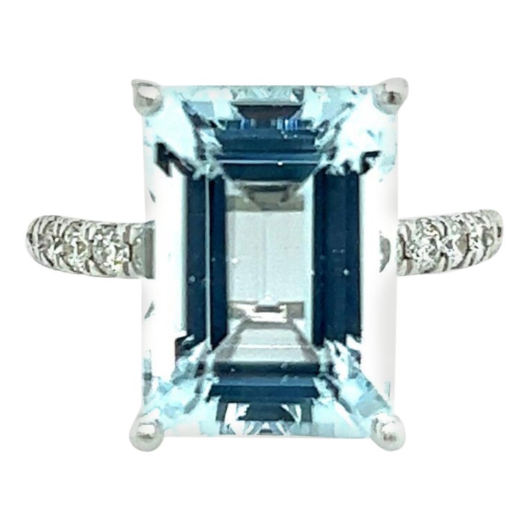 Natural Aquamarine Diamond Ring 14K W Gold 6.67 TCW Certified For Sale
