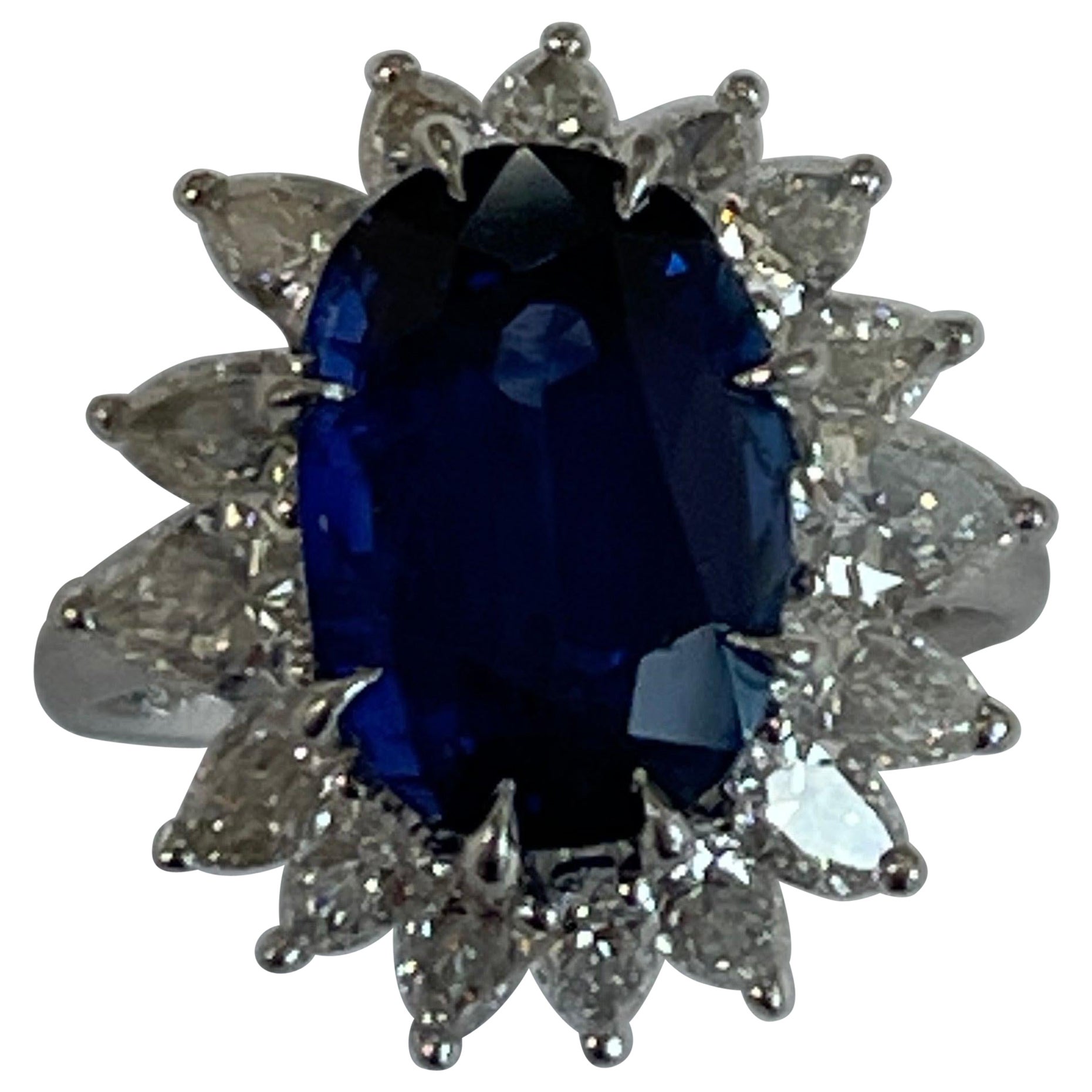 5.30 Carat Ceylon Sapphire Ring with 16 Pear Shape Diamonds 1.65 Ct by McTigue For Sale