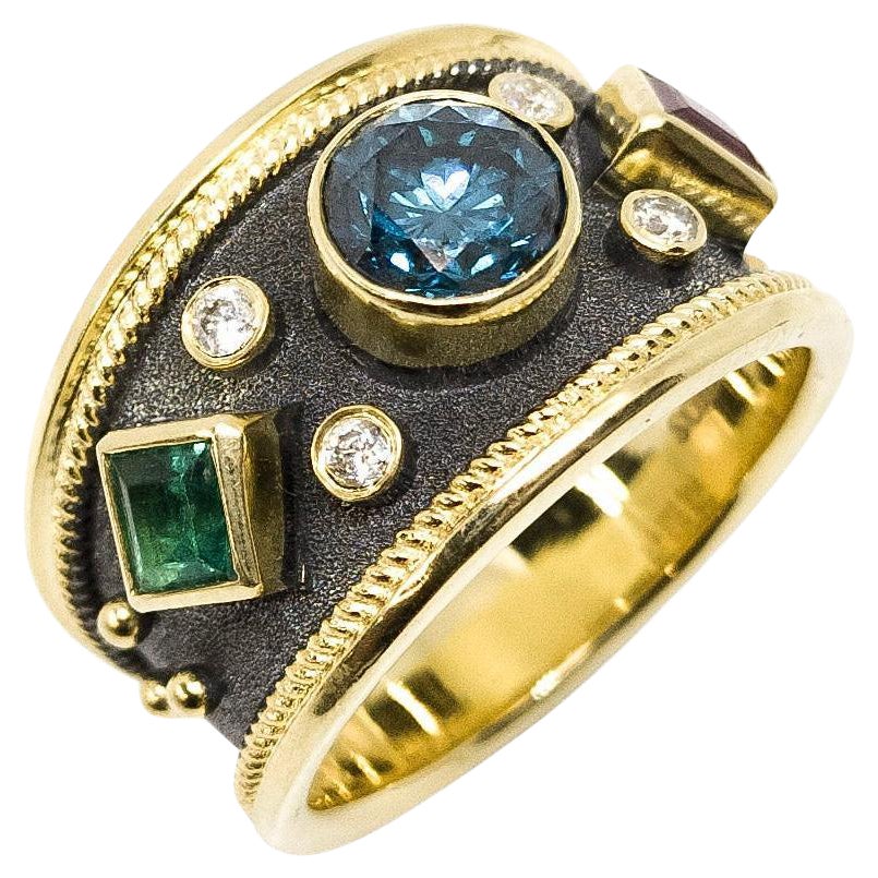 Georgios Kollektionen 18 Karat Gold Blauer Diamant-Smaragd-Rubin-Ring mit Rhodium