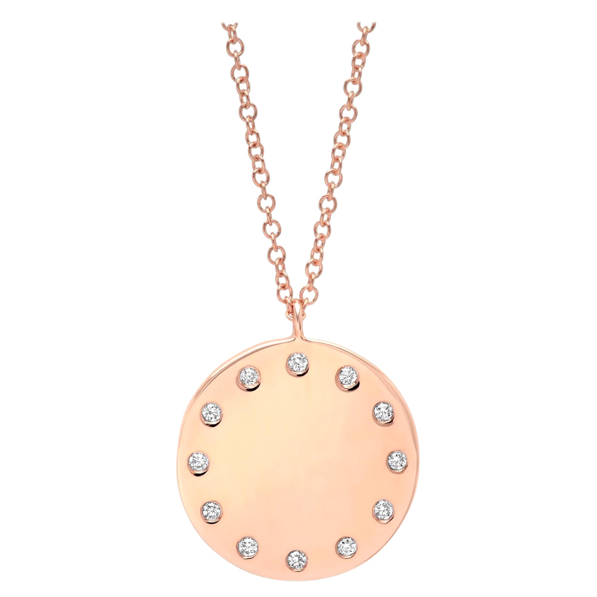 Rachel Koen Round Diamond Circle Disc Pendant Necklace 14K Rose Gold 0.09cttw For Sale