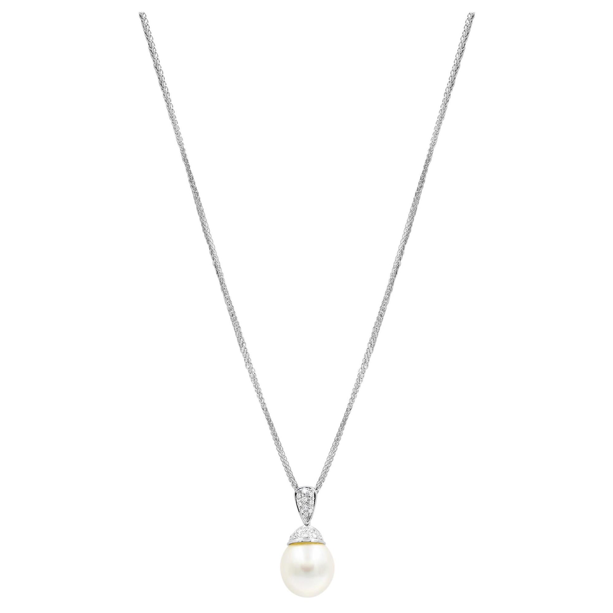 Estate Diamond and Pearl Necklace 18K White Gold For Sale