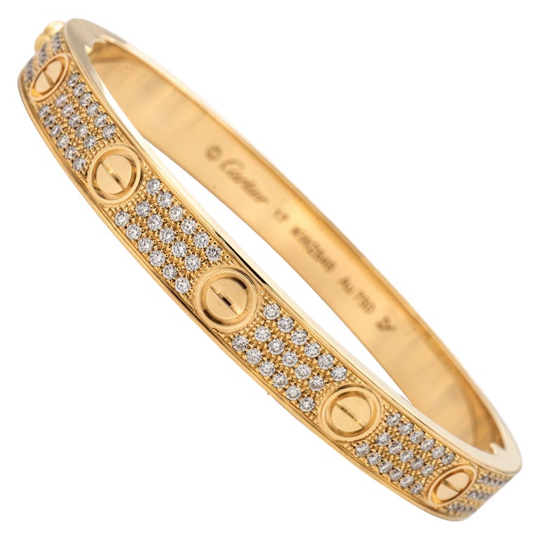 Cartier Love Bangle Bracelet Diamond Paved 18k Yellow Gold For Sale at