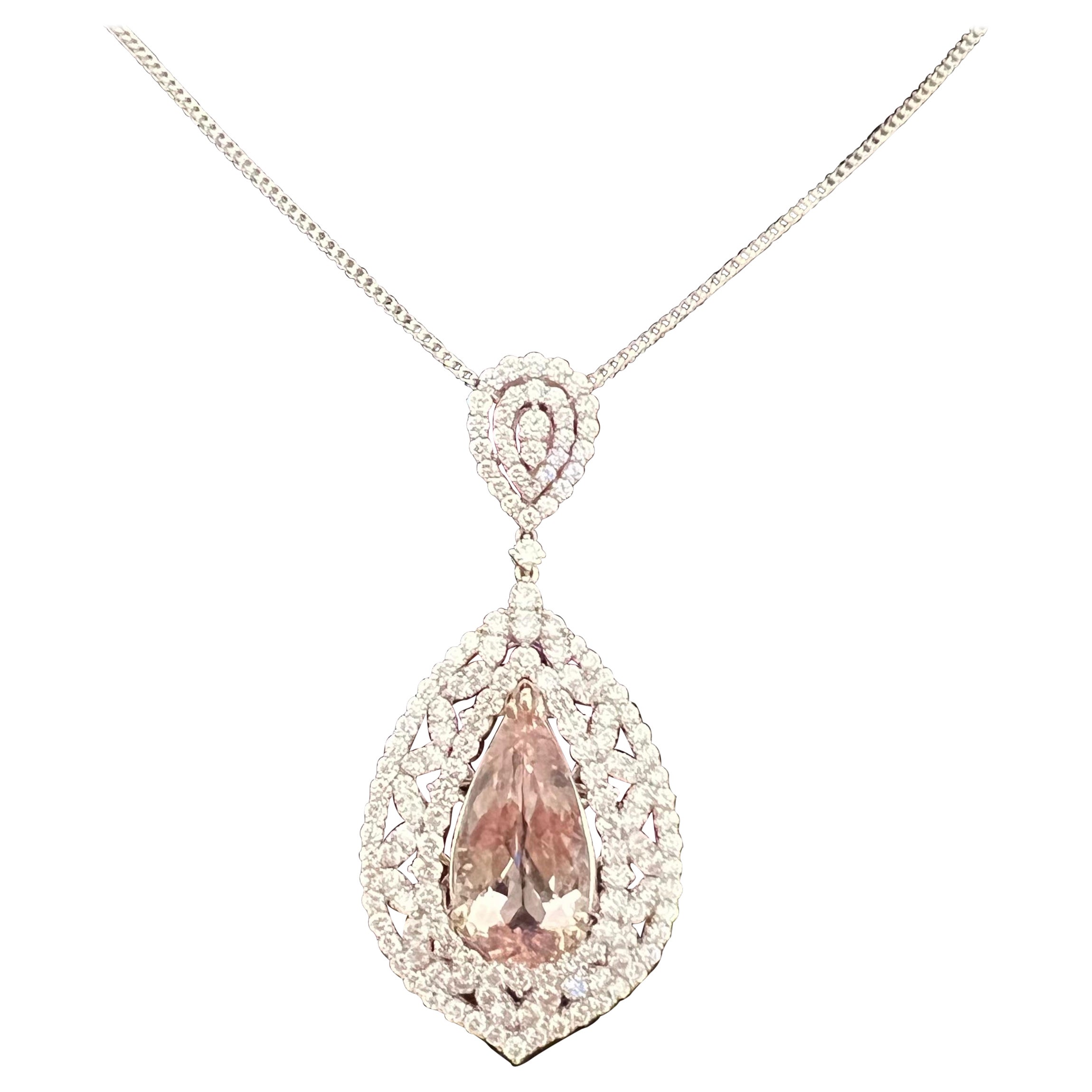 Exquisite 17 Carat Pink Morganite and Diamond Pendant Necklace in 18K White Gold For Sale