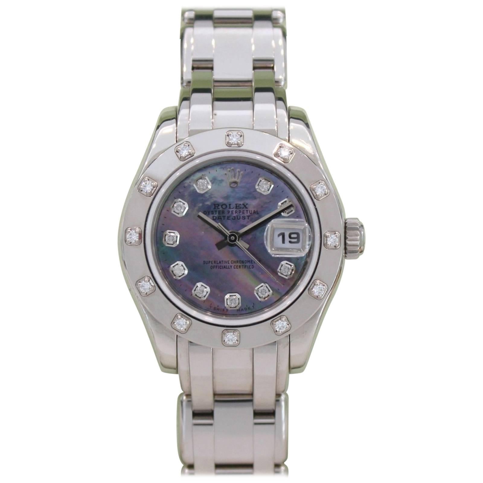 Rolex Ladies White Gold Diamond Black Mother-of-Pearl Pearlmaster Wristwatch