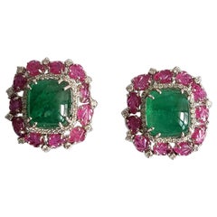 Set in 18K Gold, Zambian Emerald Cabochon & Carved Mozambique Ruby Stud Earrings