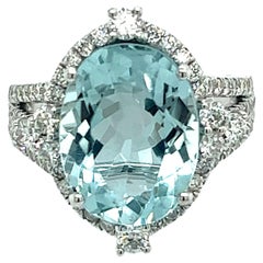 Natural Aquamarine Diamond Ring 14k W Gold 6.58 TCW Certified