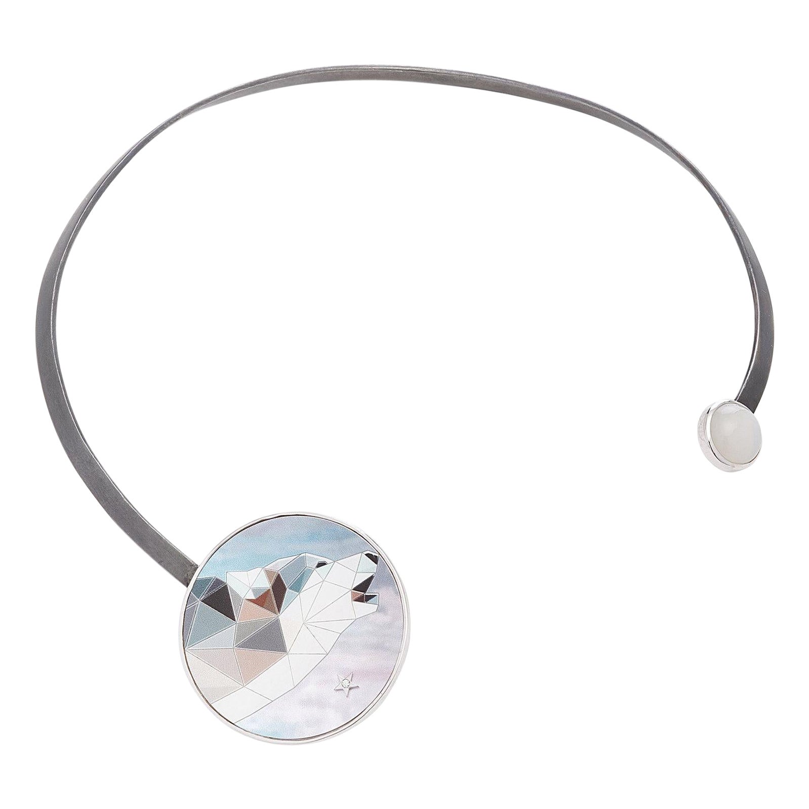 Wolf at the Moon Collar Necklace, 18kt Gold, Silver, Diamond, Mother of Pearl For Sale