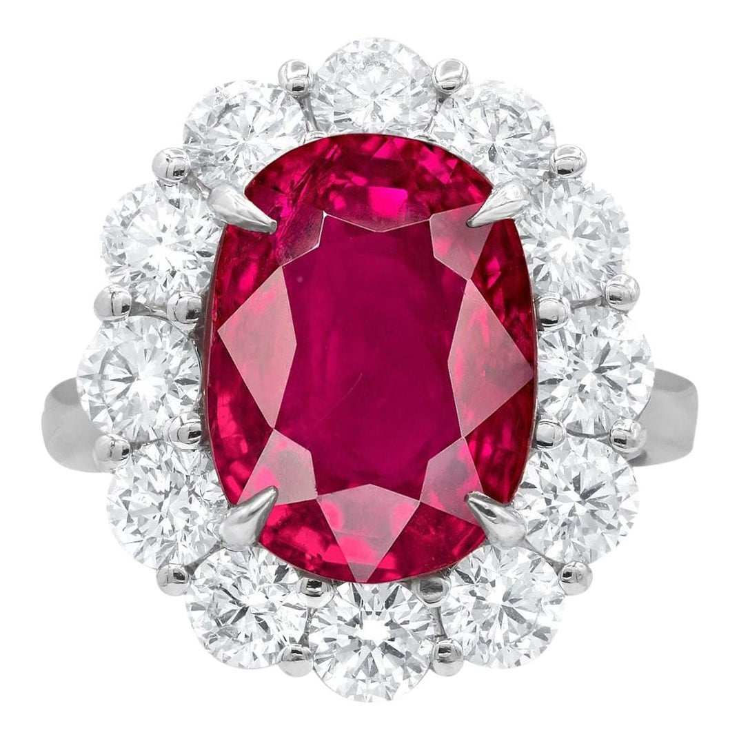 MOGOK Burma GRS Switzerland 4.57 Carat Oval Ruby Diamond Cocktail Platinum Ring For Sale
