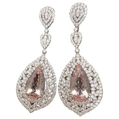 Exquisite 33.85 Carat Pink Morganite and Diamond Earrings in 18K White Gold