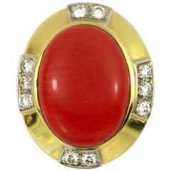 R. Stone Coral Diamond Gold Ring