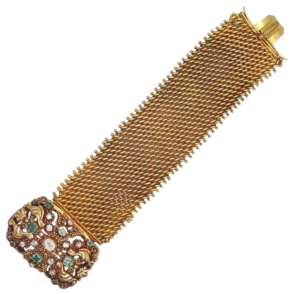 Antique Georgian English Emerald Diamond Gold Bracelet For Sale