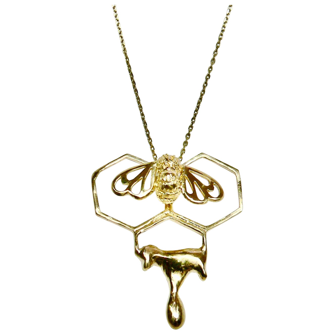 Honey Dripping from Honeycomb with Bee Pendant B, Sterling Silver, Gold-Plated