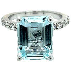 Vintage Natural Aquamarine Diamond Ring 14k W Gold 5.78 TCW Certified