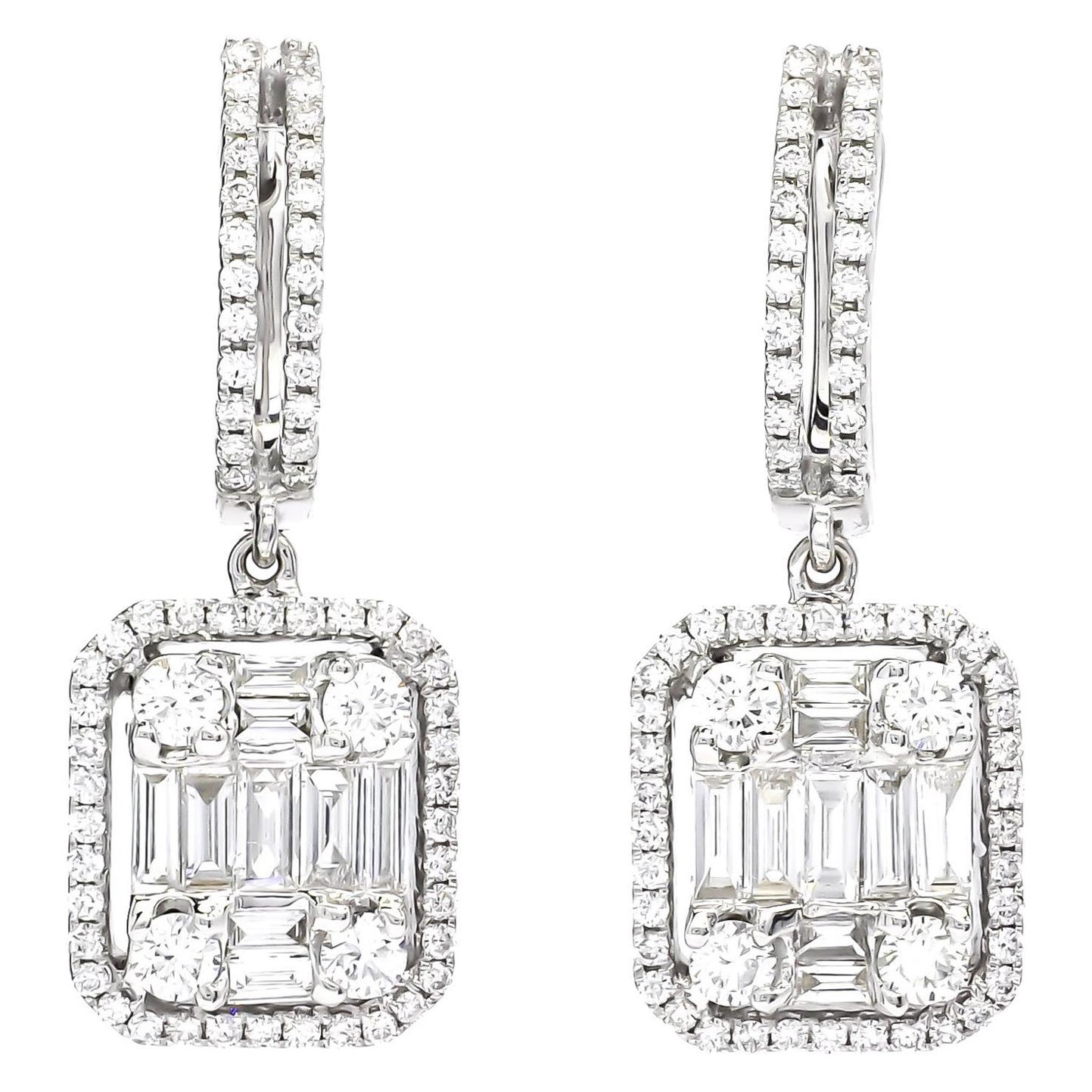 Natural Diamond Earrings 1.92 cts 18 Karat White Gold Drop Dangler Earrings For Sale