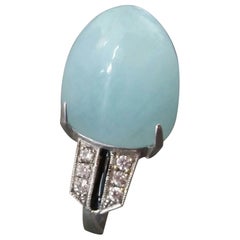 Art Deco Style Sugar Loaf Aquamarine Gold Diamonds Black Enamel Cocktail Ring