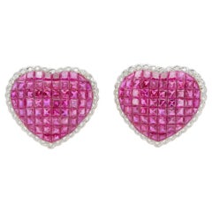 Invisible Set Ruby and Diamond Heart Earrings