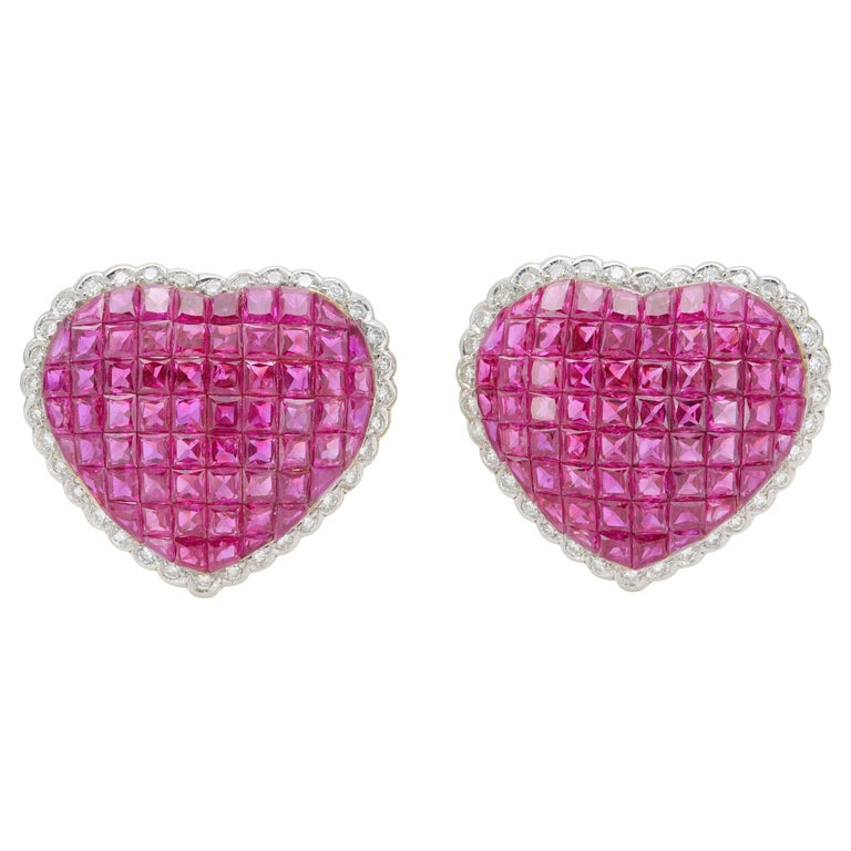 Invisible Set Ruby and Diamond Heart Earrings For Sale at 1stDibs