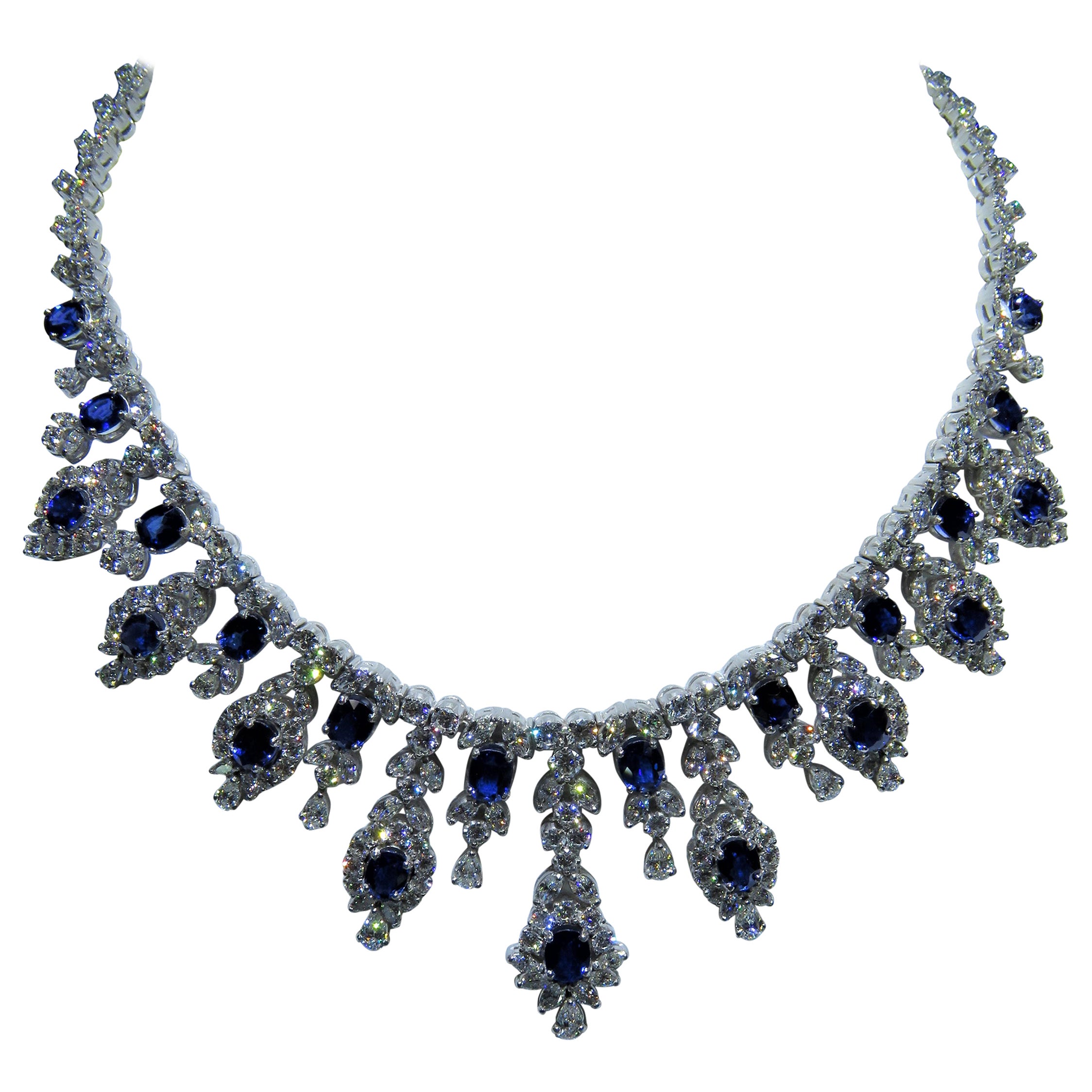 NWT $250, 000 18KT Gold Fancy Gorgeous Glittering 52ct Sapphire Diamond Necklace For Sale