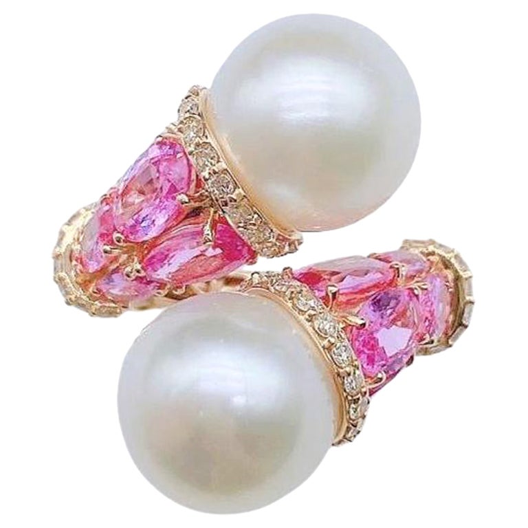 $9, 419 18KT Gold Rare Natural Pearl 6.50CT Pink Sapphire Diamond Crossover Ring For Sale