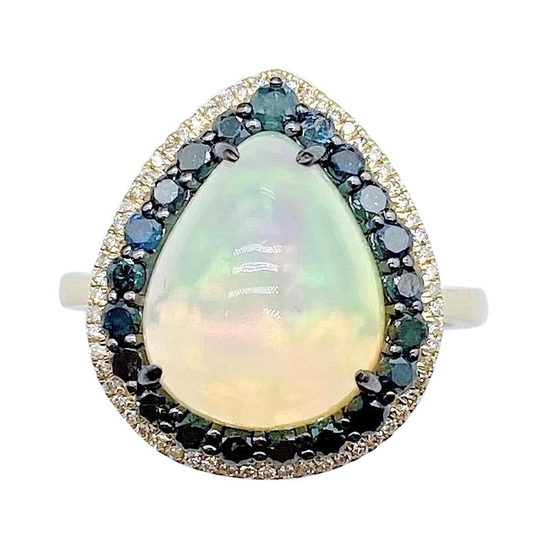 Bague rare en or 18 carats avec opale, saphir bleu et diamant 4119, neuve avec étiquette
