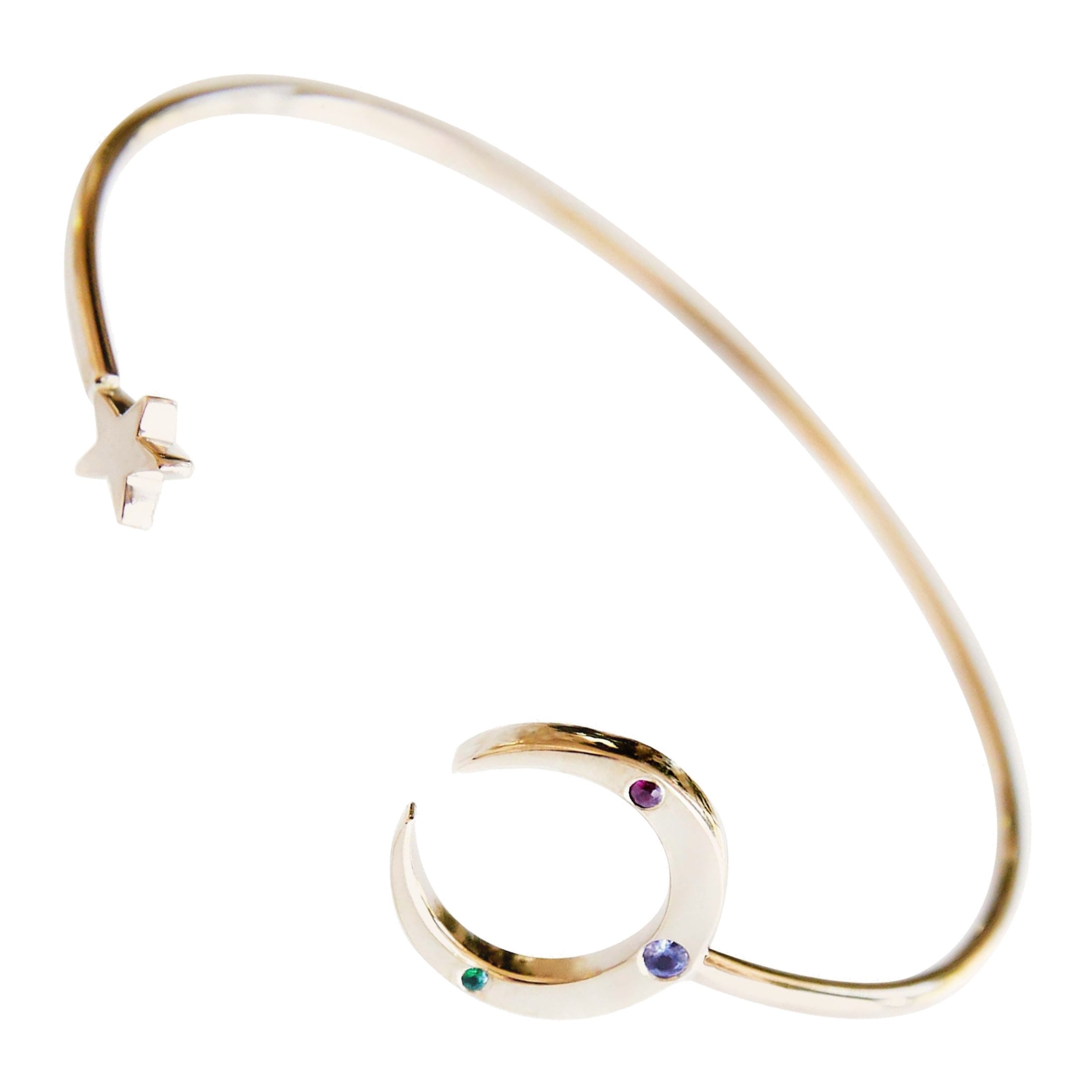 Bracelet manchette en bronze J Dauphin en forme d'étoile de lune en émeraude, rubis et tanzanite en vente