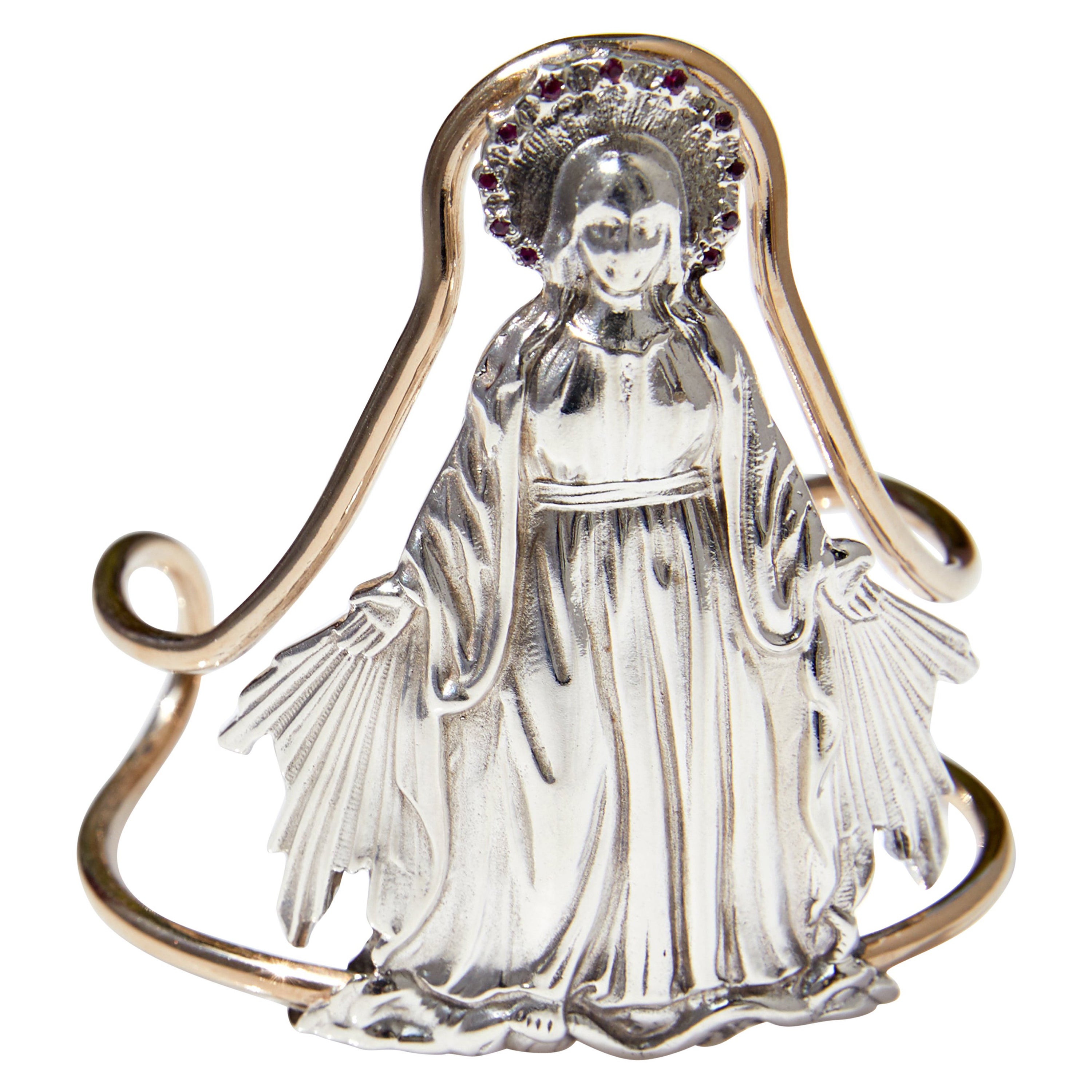 Statement Cuff Bangle Bracelet Virgin Mary Ruby Silver Brass J Dauphin For Sale