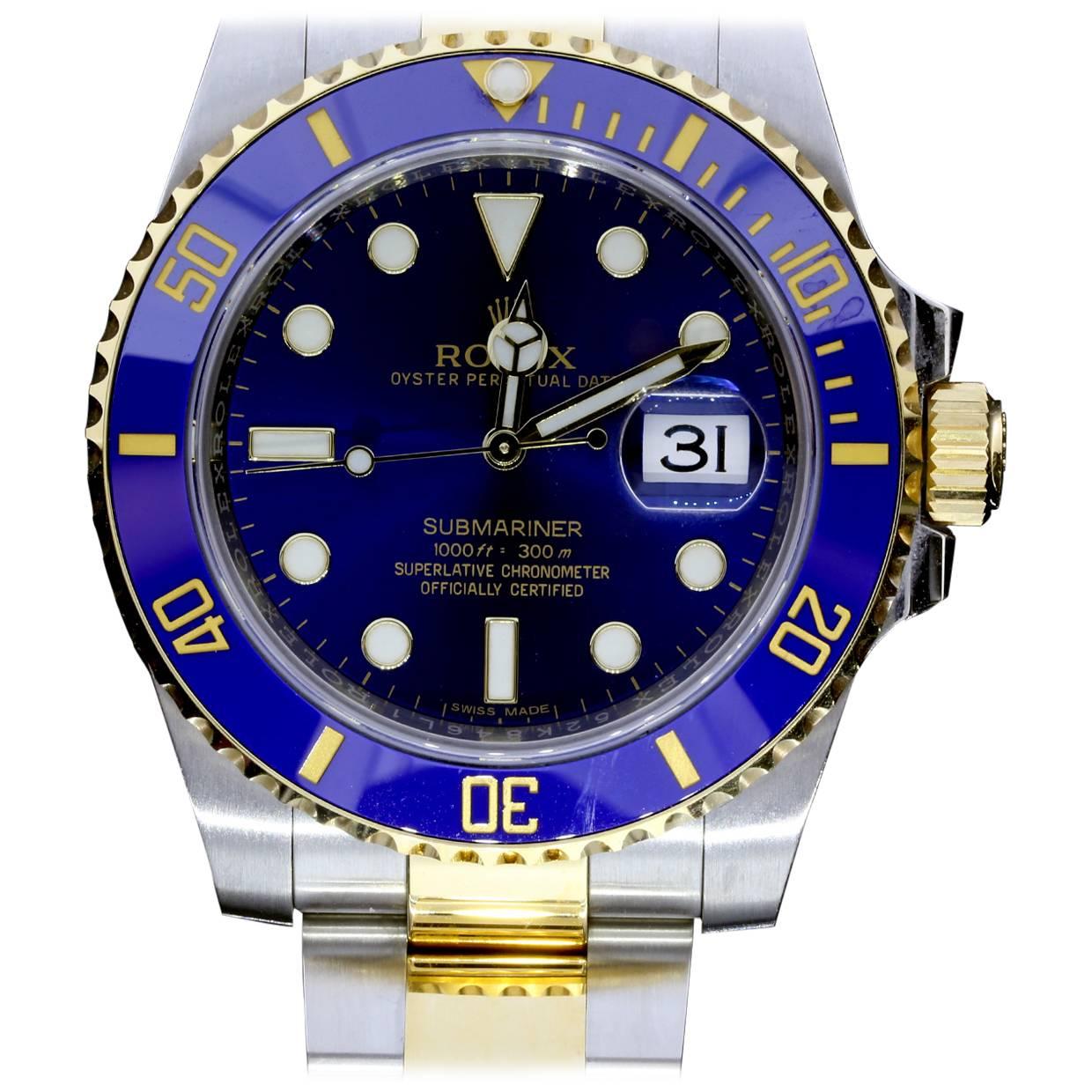 Rolex Yellow Gold Stainless Steel Blue Dial Submariner Wristwatch Ref 116613