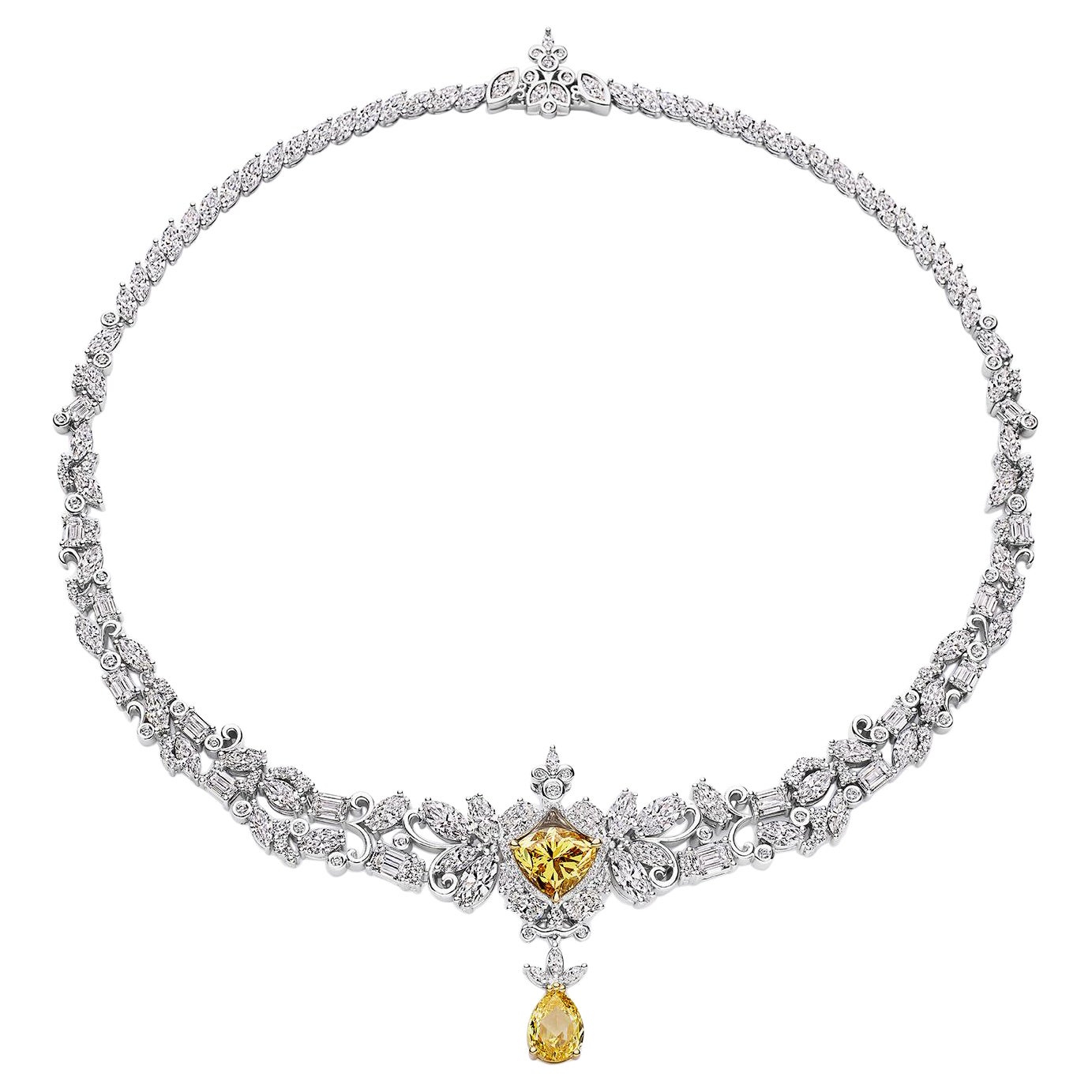 Spectacular Necklet Featuring Two Fancy Vivid Yellow Diamonds of Canadian Origin For Sale